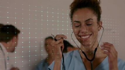 Poster - Animation of cardiograph over african american female doctor using stethoscope