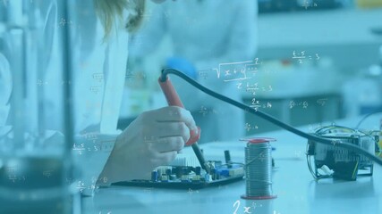 Poster - Animation of mathematical formula over caucasian female scientist working in lab