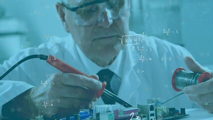 Poster - Animation of mathematical formula over caucasian male scientist working in lab