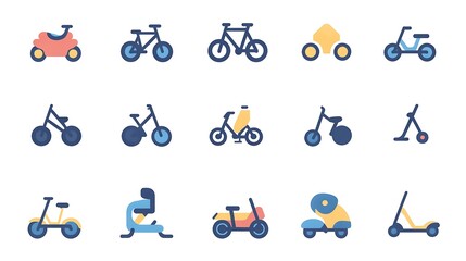 Wall Mural - Flat vector icon set for a transportation app, featuring icons for different modes of transportation like bikes, scooters, and skateboards with a clean and modern style. 