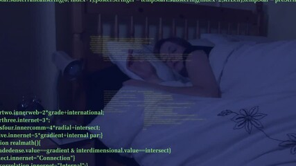 Poster - Animation of data processing over caucasian woman sleeping in bed