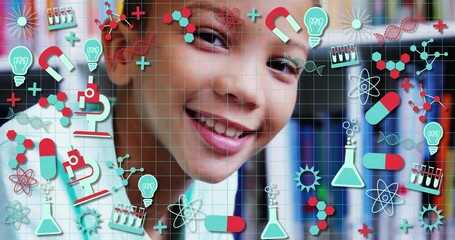 Poster - Animation of science icons over african american schoolboy in library