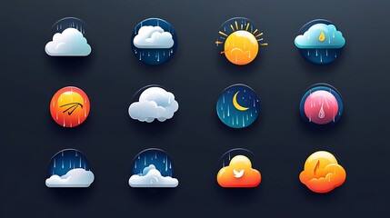 flat vector icon set for a weather app, featuring icons for different types of precipitation like ra