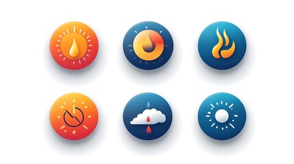 Wall Mural - Flat vector icon set for a weather app, featuring icons for different types of temperature ranges like hot, warm, and cold with clear and easy-to-understand designs. 