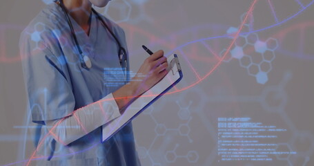 Poster - Image of dna strand with data processing over african american female doctor taking notes