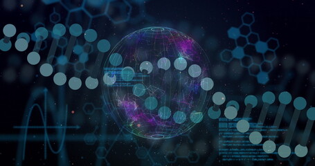 Poster - Image of dna strand and digital data processing over globe