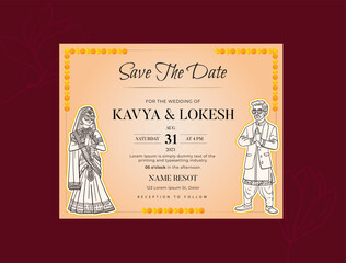 Poster - Traditional Royal Wedding Invitation card design with Bride and Groom Welcoming illustration	