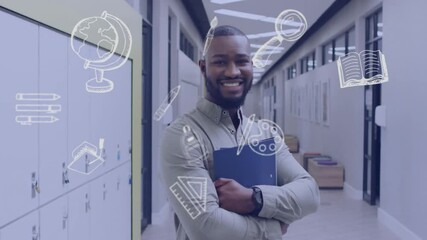 Sticker - Animation of school icons over happy african american male teacher