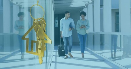 Poster - Animation of gold house key and key fob over diverse businesspeople