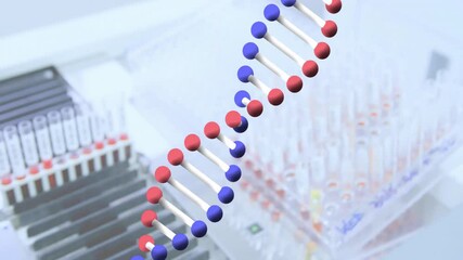 Sticker - Animation of dna strand over test tubes in lab