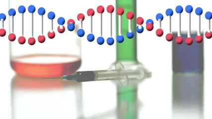 Wall Mural - Animation of dna strand over beakers and vaccine