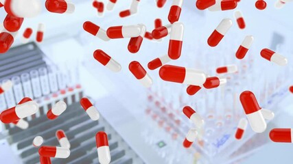 Poster - Animation of falling pills over test tubes