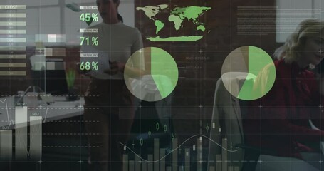 Sticker - Animation of data processing and diagrams over diverse colleagues working in office