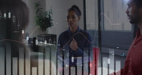 Poster - Animation of data processing and diagrams over diverse colleagues talking in office