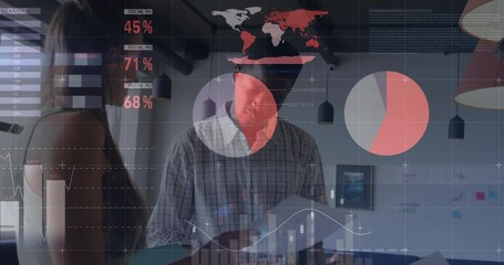 Canvas Print - Animation of data processing and diagrams over diverse colleagues talking in office