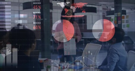 Wall Mural - Animation of data processing and diagrams over diverse colleagues talking in office