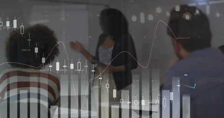 Poster - Animation of data processing and diagrams over diverse colleagues talking in office
