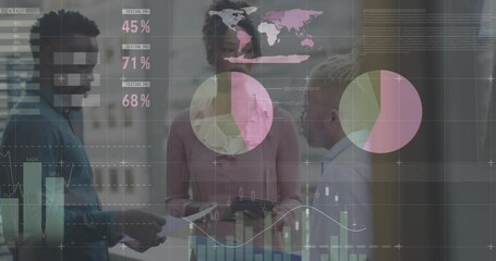 Canvas Print - Animation of data processing and diagrams over diverse colleagues talking in office