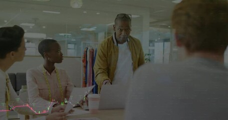 Poster - Animation of data processing and diagrams over diverse colleagues talking in office