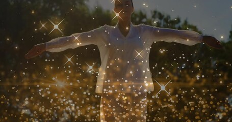 Poster - Animation of floating stars over caucasian woman raising hands