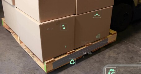 Poster - Animation of data processing and ecology icons over warehouse
