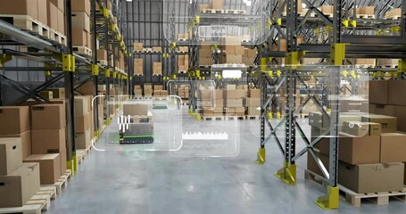 Poster - animation of diagrams and data processing over machines working in warehouse
