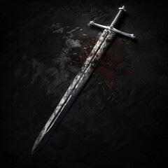 Sword Covered in Blood on Dark Ground
