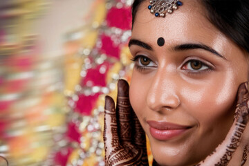 Traditional Indian women with bindi and henna patterns in vibrant fabric background