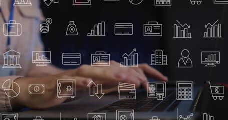 Poster - Animation of business icons over caucasian female worker using laptop
