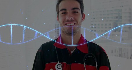 Sticker - Animation of dna strand over caucasian male paramedic smiling