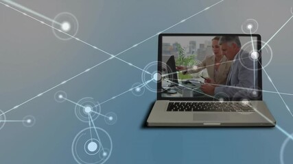 Poster - Animation of network of connections over caucasian colleagues working in office on laptop screen