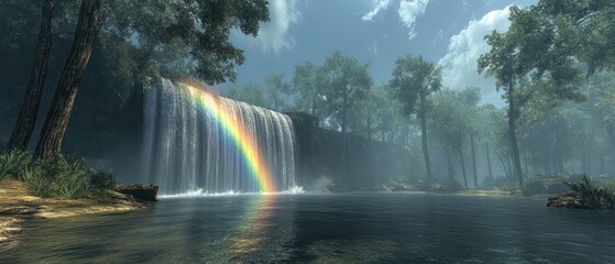 Sticker - A Rainbow Arcs Over a Waterfall in a Misty Forest