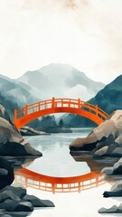 Modern flat design of a bridge crossing a river, using bold shapes and solid colors.