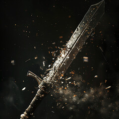 Sword Exploding with Sparks and Shattered Blade on Dark Background
