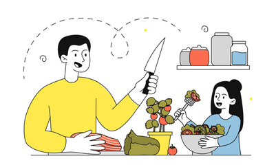 Family with homemade food. Man with knife and girl with bowl of salad. Healty eating with vitamins. Proper diet and nutrition. Linear vector illustration