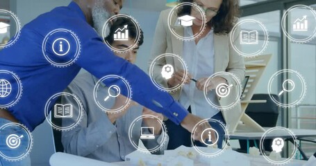 Poster - Business professionals collaborating over data processing and information icons animation
