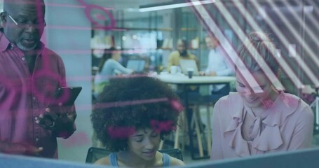 Poster - People working in office with coding and data processing animation over them