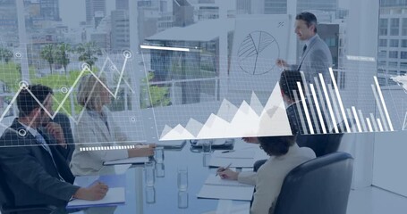 Poster - Business meeting with charts and graphs animation over office setting