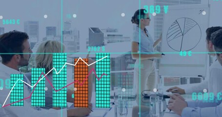 Poster - Business data visualization animation over diverse professionals in modern office