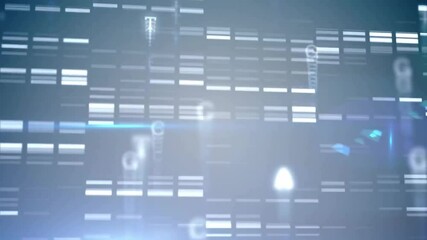 Poster - DNA sequencing animation with glowing letters over scientific data background