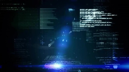 Poster - Computer code and data processing animation over digital interface background