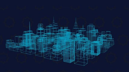 Poster - Wireframe cityscape animation over dark background with geometric patterns