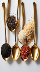 Various grains, such as barley, quinoa, millet, Job's tears, and bulgur wheat, are displayed on a golden brass spoon against a white background (7)