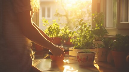 Wall Mural - Cozy Windowsill Garden in the Warm Sunlight