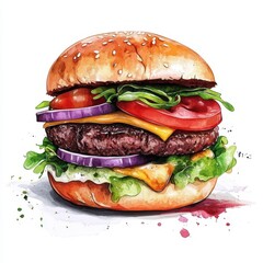 A delicious hamburger featuring fresh ingredients, including lettuce, tomato, onion, cheese, and a juicy beef patty.