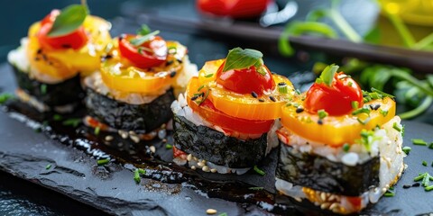 Sticker - Plant-based nigiri sushi topped with yellow tomato and red pepper.