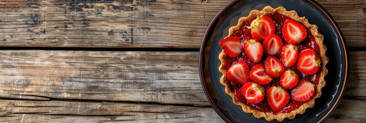 Poster - Strawberry tart, a cherished pastry, beautifully displayed on a plate atop a rustic wooden table, is a delightful seasonal dessert.