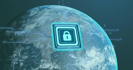 Poster - Lock icon and circuit lines animation over Earth from space
