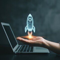 Wall Mural - A futuristic AI or holographic rocket design in the palm of a person's hand, modern laptop computer on a desk, tech startup workspace, cyberpunk neon style, artificial intelligence concept, science