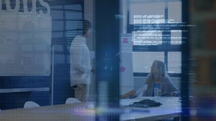 Poster - Presenting data to colleagues in office, digital code processing over animation